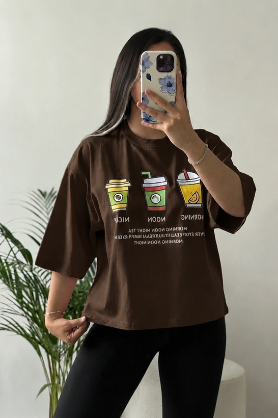 تیشرت باکسی زنانه چاپی coffee time