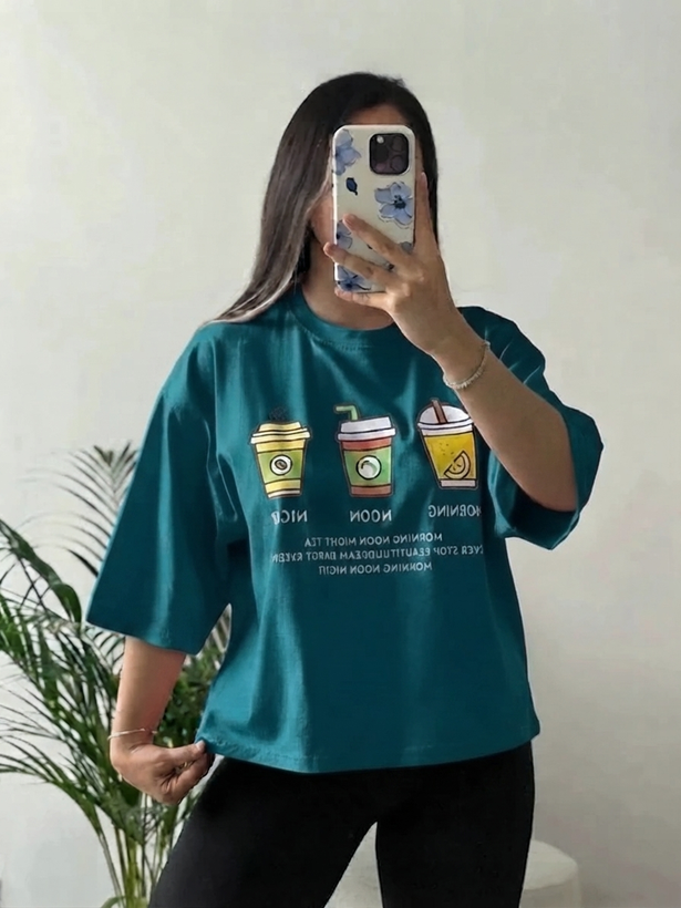 تیشرت باکسی زنانه چاپی coffee time