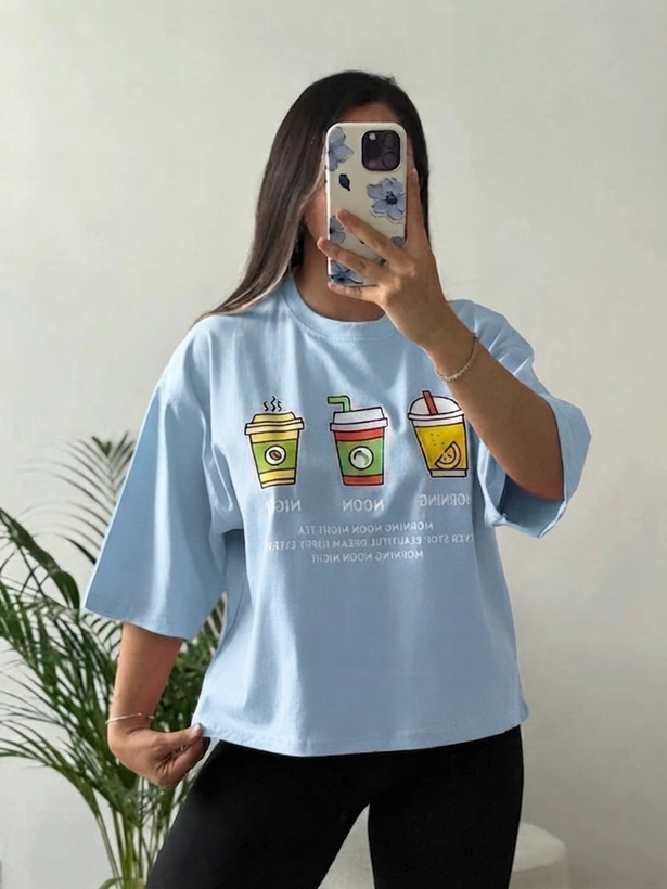 تیشرت باکسی زنانه چاپی coffee time
