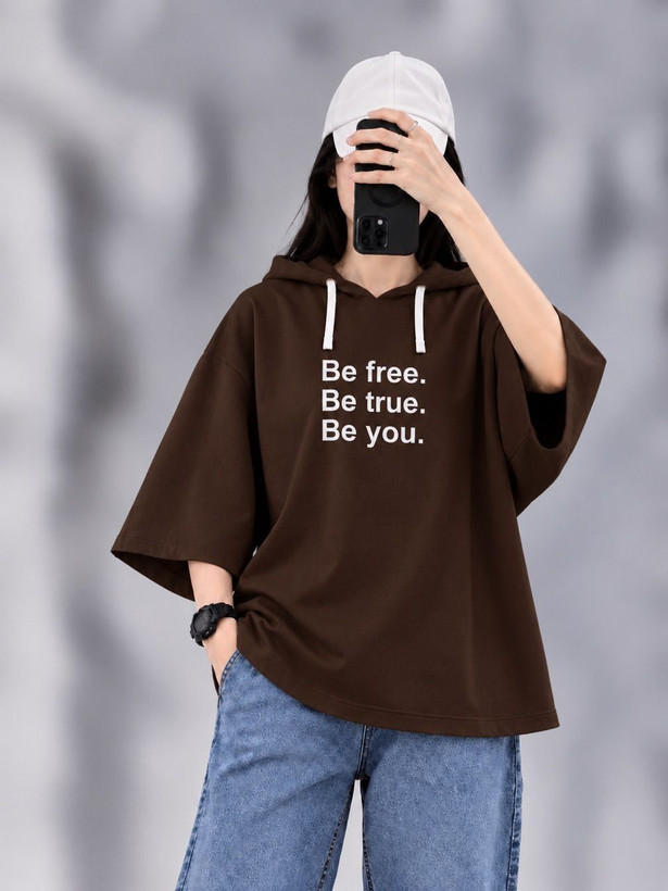 تیشرت باکسی کلاه دار زنانه Be free